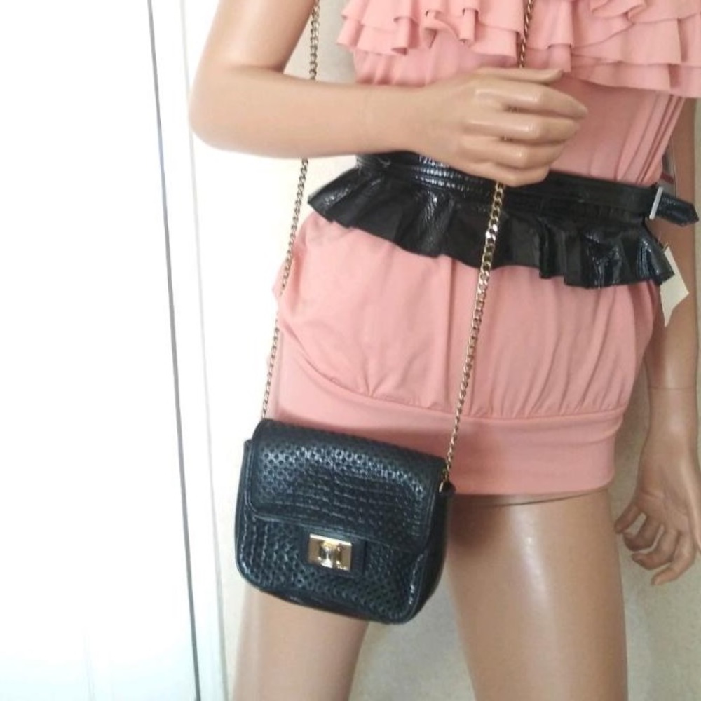 Juicy Couture black leather crossbody mini bag with golden chain strap & crystal